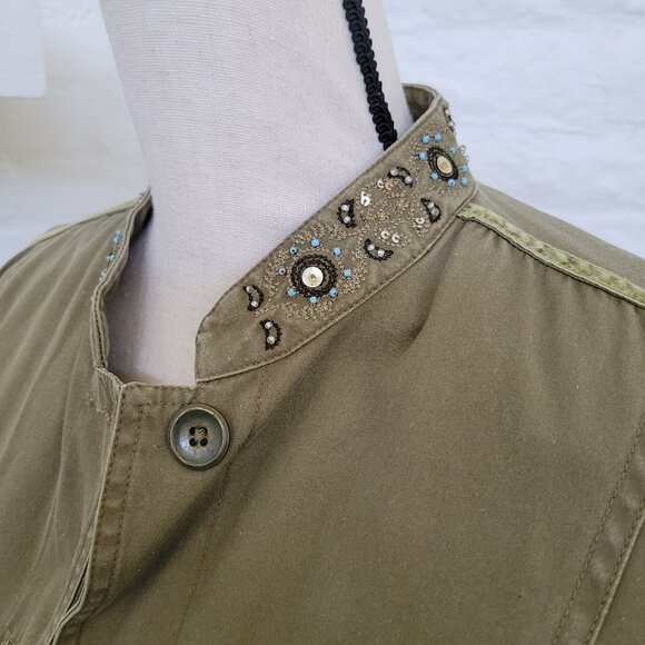 Womens Jacket Blazer Coat Small Army Green Boho Beaded Button Cotton Utility - Picture 4 of 9